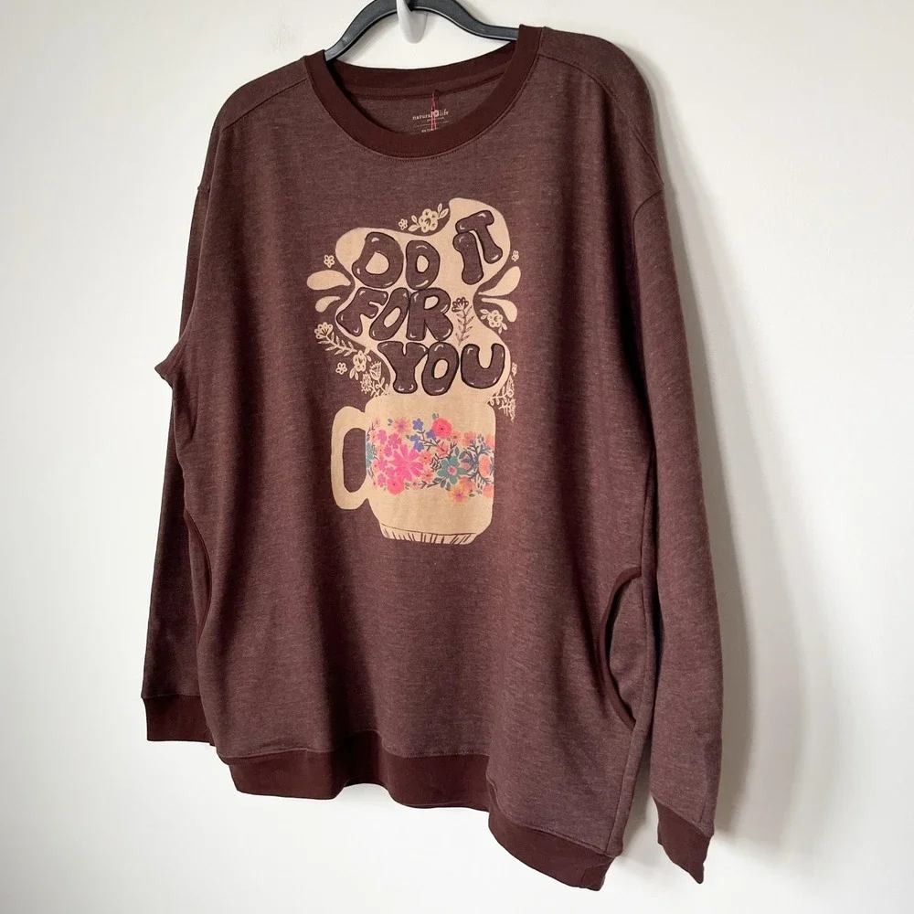 NEW Natural Life Do It For You Comfy Pocket Sweatshirt Floral Coffee Large Brown - Picture 4 of 12